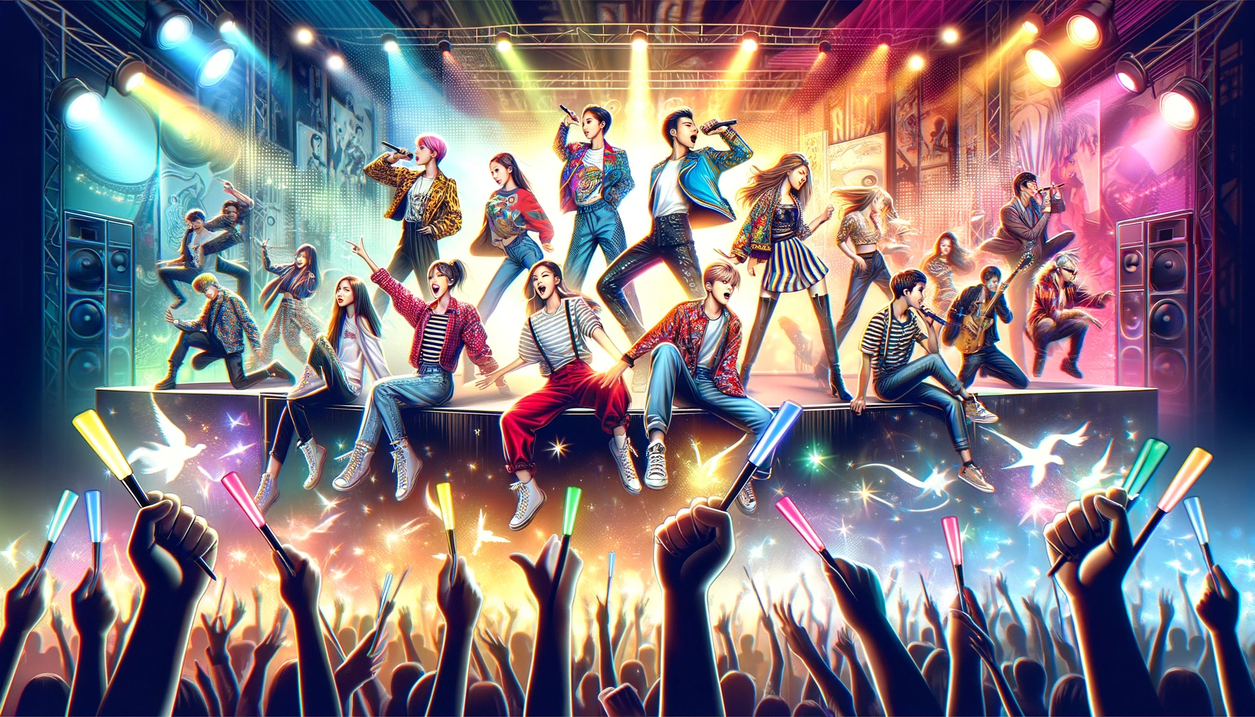 DALL·E 2023-11-20 11.22.46 - A vibrant and colorful collage representing the essence of K-pop (Korean pop music). The image features a diverse group of stylish and energetic Korea